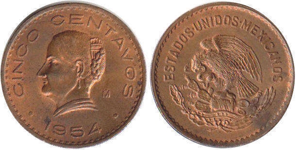 Mexican coin 5 centavos 1954