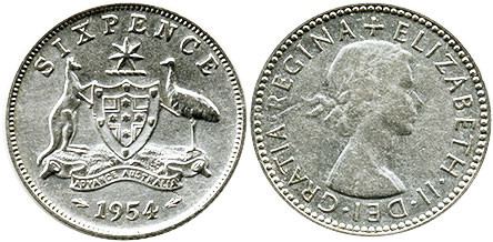 australian silver coin 6 pence 1954 Elizabeth II