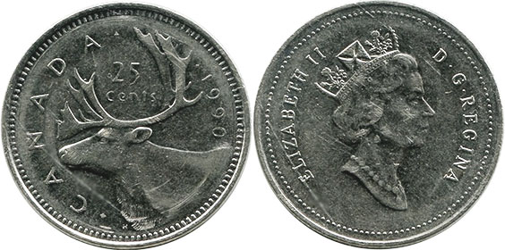canadian coin Elizabeth II 25 cents 1990