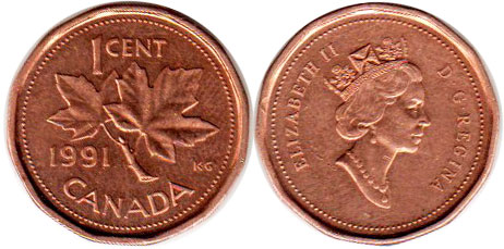 canadian coin Elizabeth II 1 cent 1991