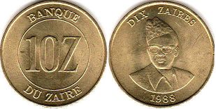 coin Zaire 10 zaire 1988