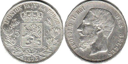 coin Belgium 5 francs 1873