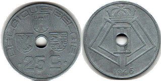 coin Belgium 25 centimes 1946