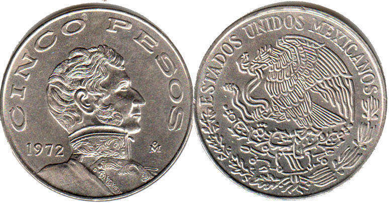 Mexican coin 5 pesos 1972