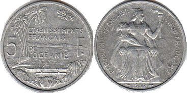 coin French Oceania 5 francs 1952