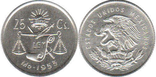 Mexican coin 25 centavos 1953