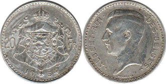coin Belgium 20 francs 1934
