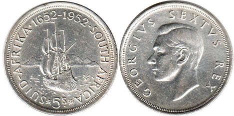 old coin South Africa 5 shillings 1952