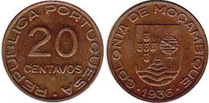 coin Mozambique 20 centavos 1936