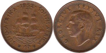 old coin South Africa 1 penny 1952