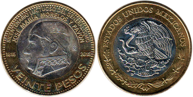 Mexican coin 20 pesos 2015 José María Morelos y Pavón