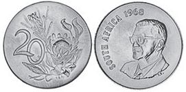 coin South Africa 20 cents 1968