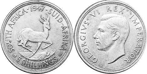 old coin South Africa 5 shillings 1947