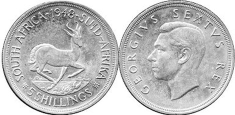 old coin South Africa 5 shillings 1948
