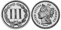 US coin 3 cents 1868
