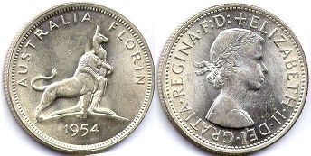 australian silver commemmorative coin 1 florin 1954