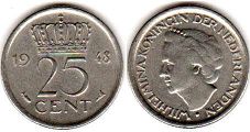 coin Netherlands 25 cents 1948
