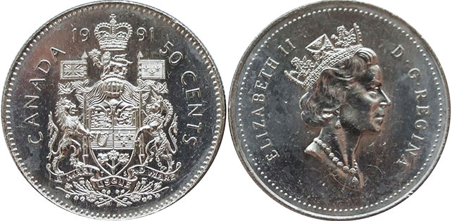 canadian coin Elizabeth II 50 cents 1991