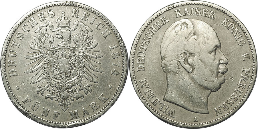 coin German Empire 5 mark 1874