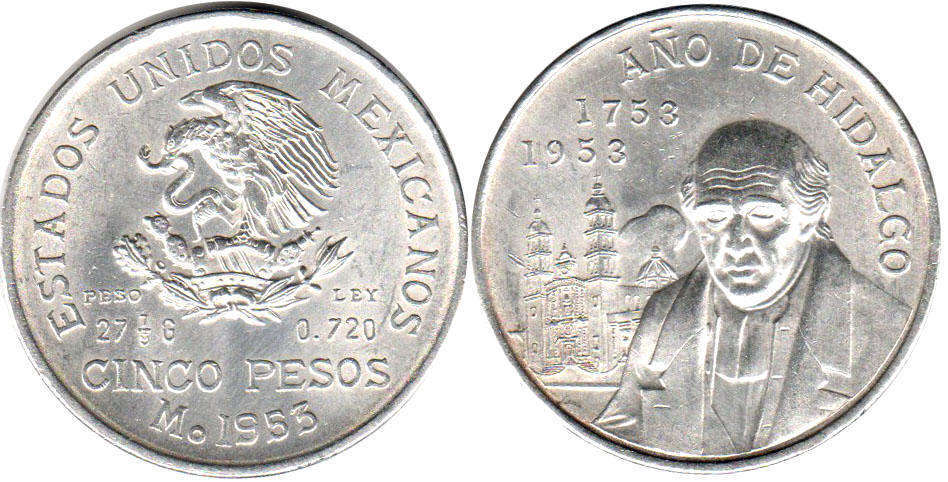 coin Mexico 5 pesos 1953