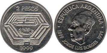 moneda Argentina 2 pesos 1999 Jorge Luis Borhes