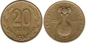 moneda Colombia 20 pesos 1982