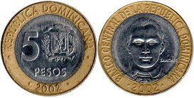 moneda Dominicana 5 pesos 2002
