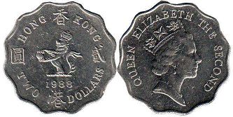 coin Hong Kong 2 dollars 1988