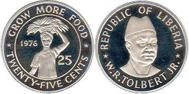 coin Liberia 25 cents 1976