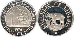 coin Liberia 5 cents 1976