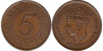 coin Mauritius 5 cents 1942