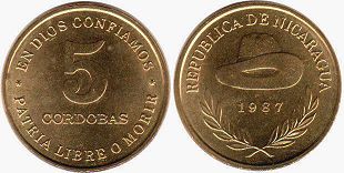 moneda Nicaragua 5 cordobas 1987