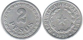 moneda Paraguay 2 pesos 1938