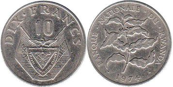 coin Rwanda 10 francs 1974