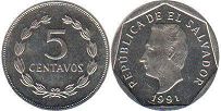 moneda Salvador 5 centavos 1991