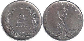 moneda Turkey 2 1/2 lira 1960