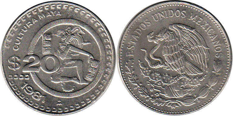 big vintage 1980s Mexican 20 Pesos coin MEXICO $20 Peso Aztec in Headdress 