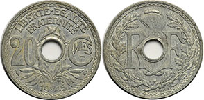 moneda Francia 20 céntimos 1945