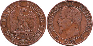 moneda Francia 5 céntimos 1861