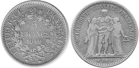 moneda Francia 5 francos 1849