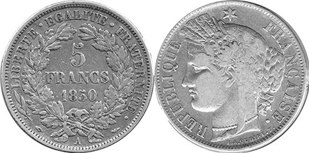 moneda Francia 5 francos 1850