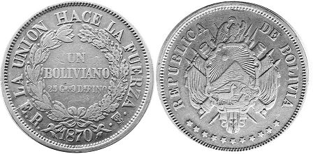 moneda Bolivia 1 boliviano 1870