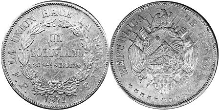 moneda Bolivia 1 boliviano 1871