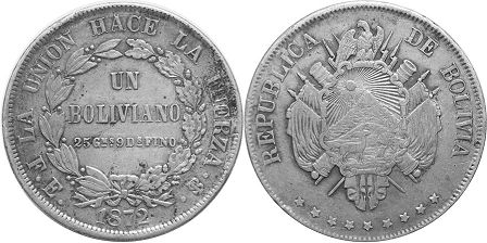 coin Bolivia 1 boliviano 1872