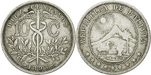 moneda Bolivia 10 centavos 1895
