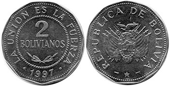 moneda Bolivia 2 bolivianos 1997