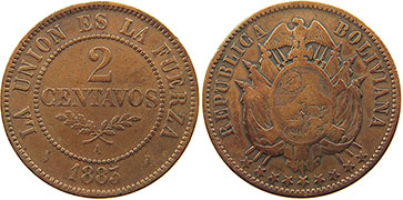 moneda Bolivia 2 centavos 1883