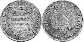 moneda Bolivia 20 centavos 1870