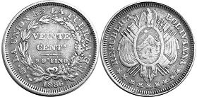 coin Bolivia 20 centavos 1886