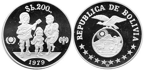 moneda Bolivia 200 pesos 1979 Año Internacional del Niño
